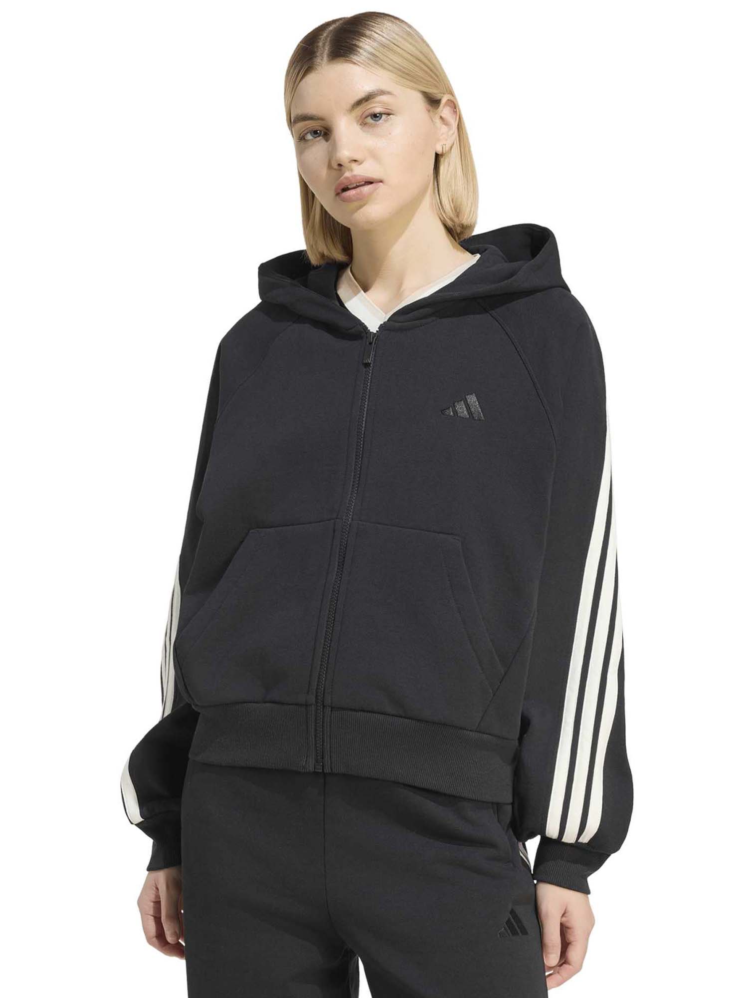 Felpa donna Adidas Kit 3-Stripes Full Zip Hoodie nera